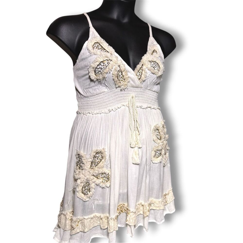 POL Boho Embroidered Mini Dress Smocked Waist Floral Tassel Tie Ivory Cream NEW - Picture 12 of 16